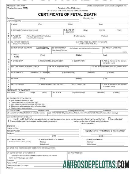 Certidão de Óbito Geral do Escritório de Registradores das Filipinas exemplo real